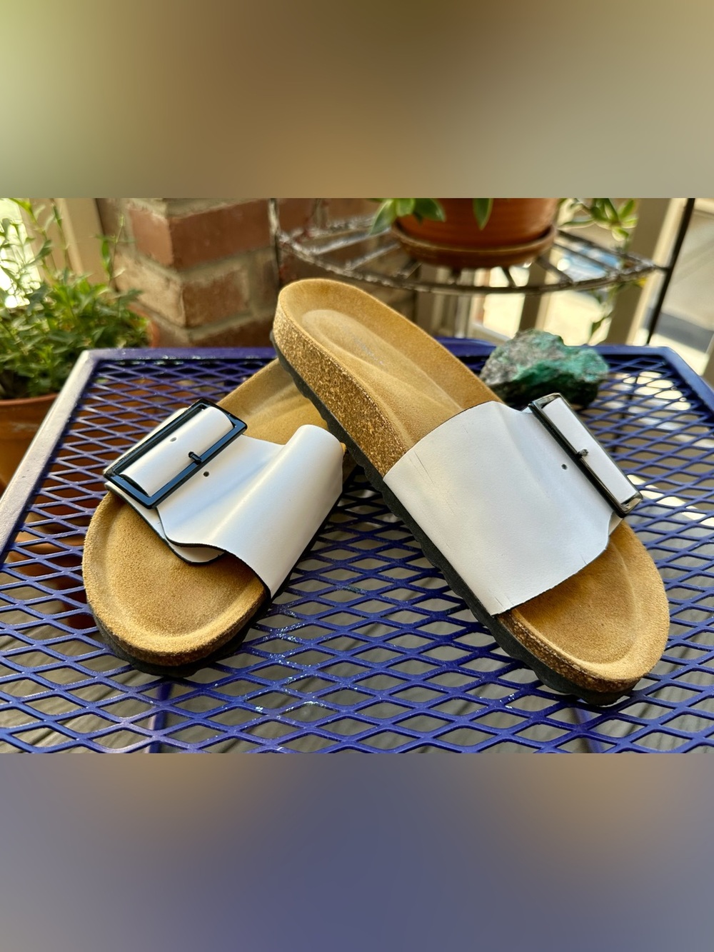 Intentionally Blank Clarice White Cork Sandals, Black Buckle, Summer to Fall
